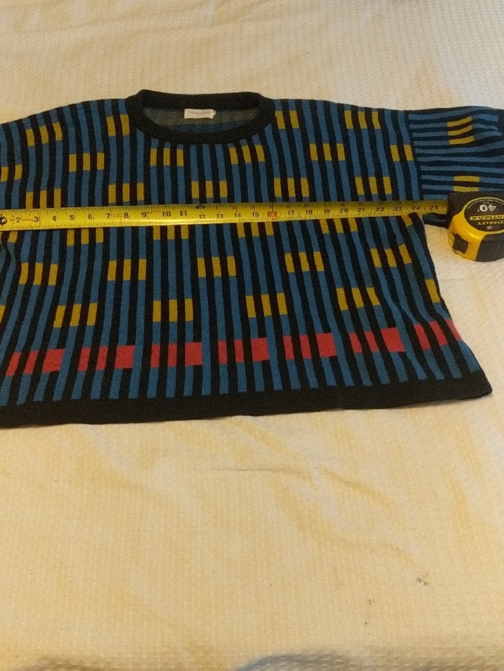 Blue Striped Short-Sleeve Knit Top with Yellow and Pink Accents - Picture 9 of 11